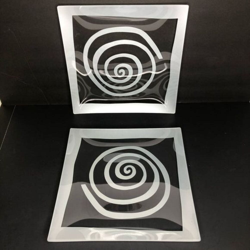 2 Unbranded Square Glass Charger Plates With Silver Swirl Design In EUC